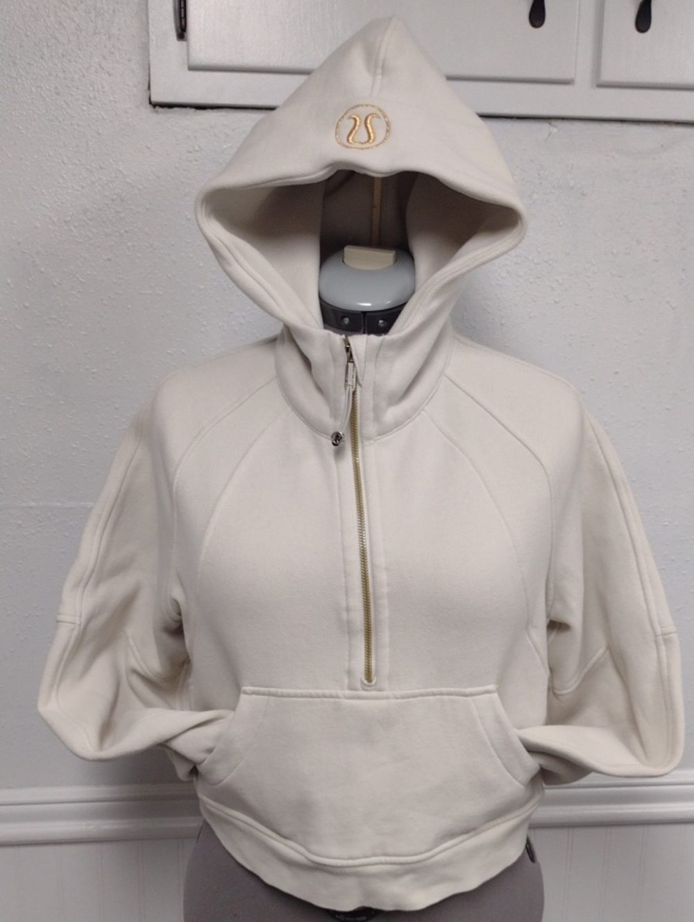 lululemon athletica Cream Hooded Half-Zip Bomber Pullover with Gold Logo